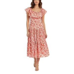 Vintage Cottagecore Coral Pink Floral Print Cotton Midi Dress